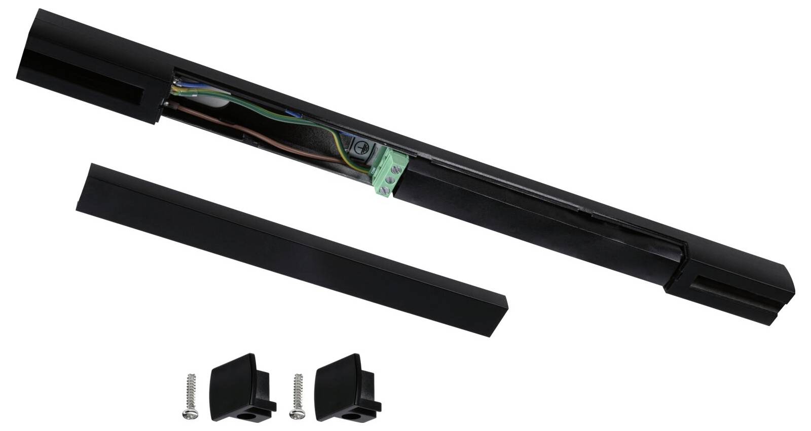 Elektronische Bauteile: Ein langer schwarzer Balken zeigt innenliegende Kabelverbindungen. Zwei Halterungen und Schrauben liegen daneben.