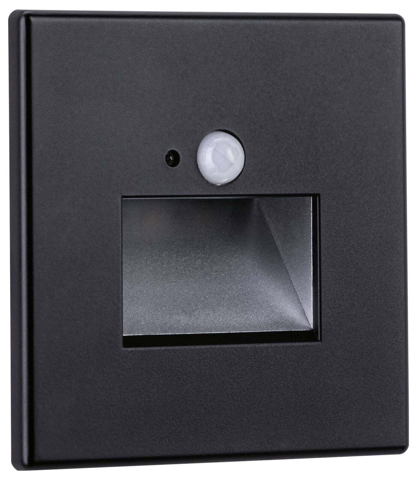 Ein schwarzes Wandeinbau-Nachtlicht mit integriertem Bewegungssensor. Ideal zur Beleuchtung von Treppen oder Fluren.