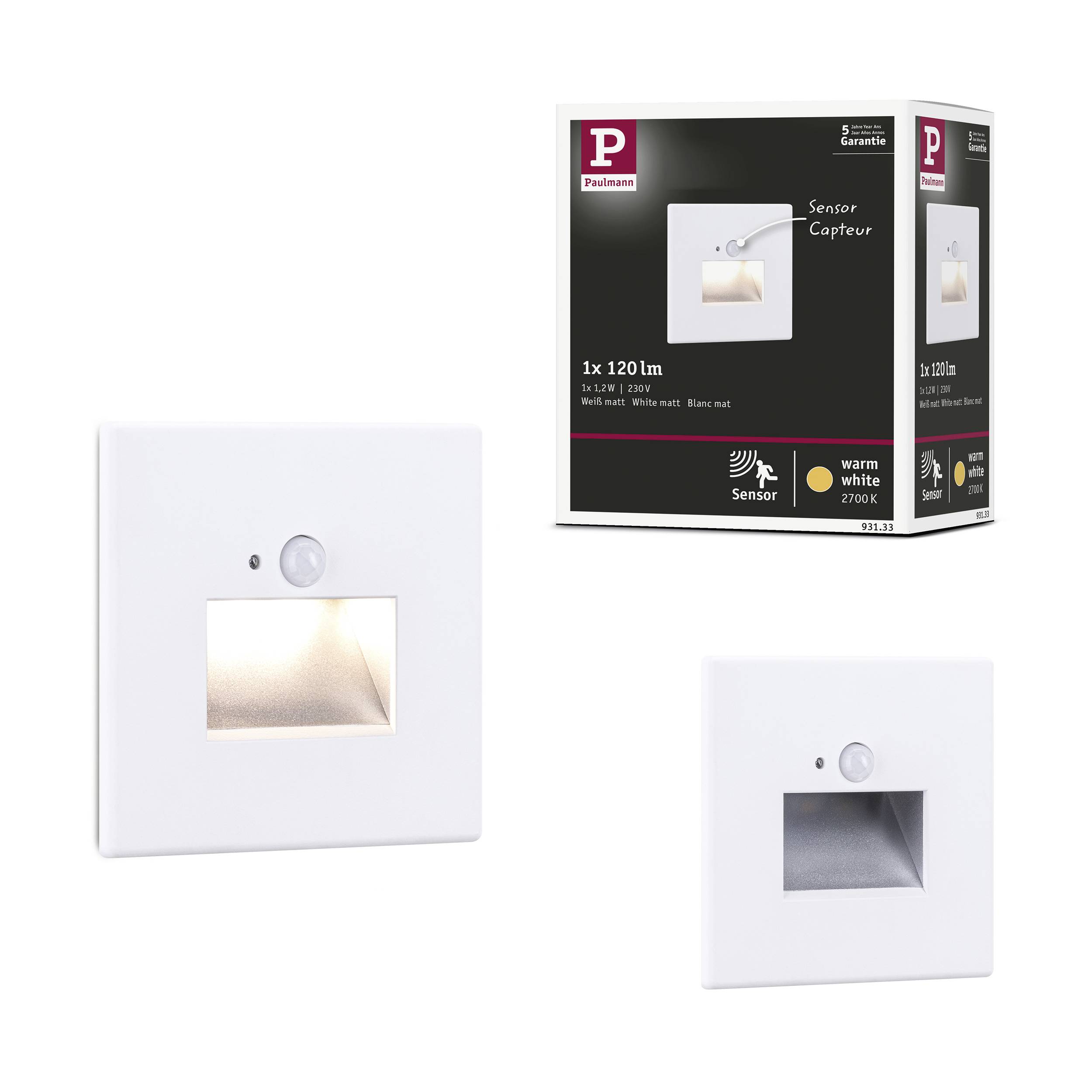 Wandleuchte mit Sensor in quadratischer Form. Verpackung mit Produktdetails: Sensor, warmweiß 2700K, 120 lm.
