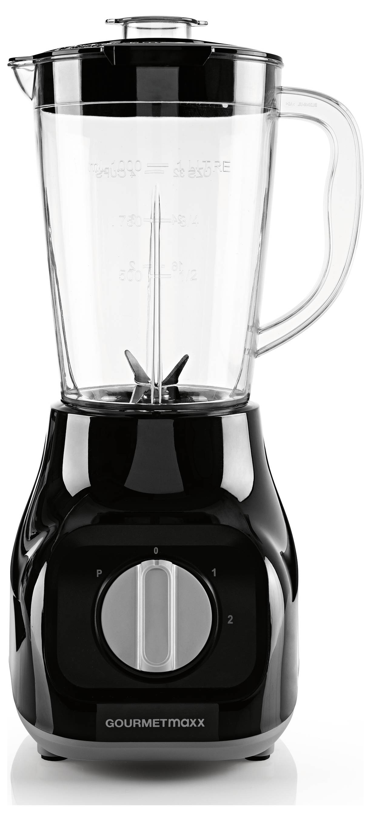 Schwarzer Standmixer mit transparenter Kanne, Griff und Skala auf der Kanne. Unten ein Drehknopf für verschiedene Geschwindigkeiten.