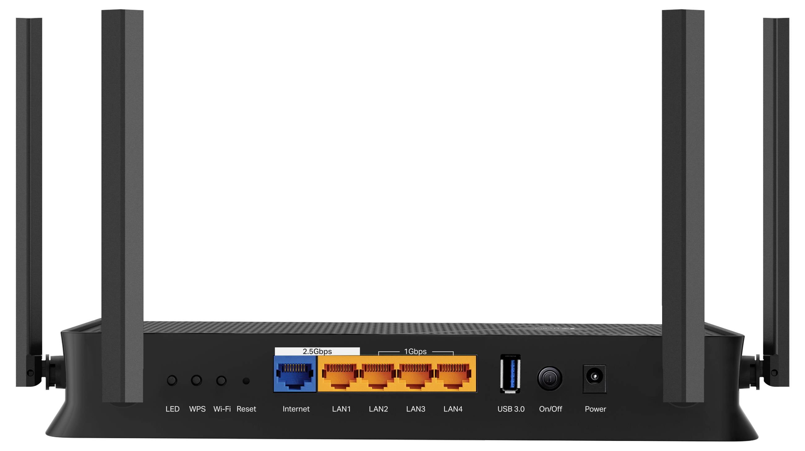 Rückseite eines schwarzen WLAN-Routers mit vier LAN-Ports, einem Internetanschluss, USB-Port und mehreren Kontrollleuchten.