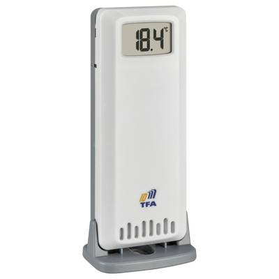 Thermometer in digitaler Anzeige zeigt '18.4°C', Kunststoffgehäuse, platziert in grauer Halterung, Markenlogo unten.