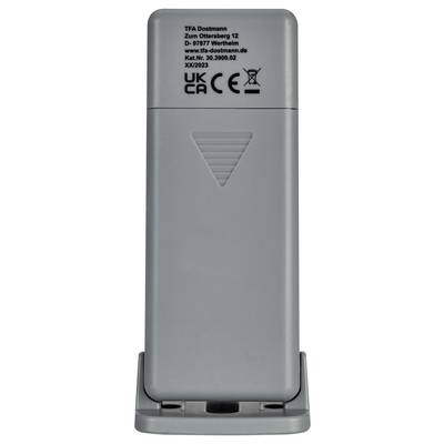 Ein grauer TFA Dostmann Sensor mit UKCA- und CE-Kennzeichen, Modellnummer 30.3900.02, auf einer Halterung stehend.