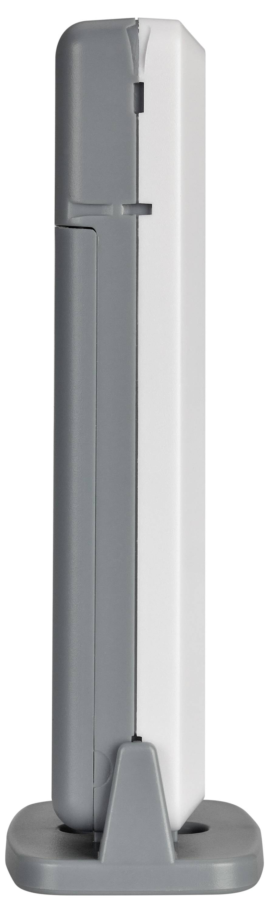 Graues und weißes vertikales Gerät im Profilansicht, möglicherweise ein elektronisches Gadget oder Zubehör.