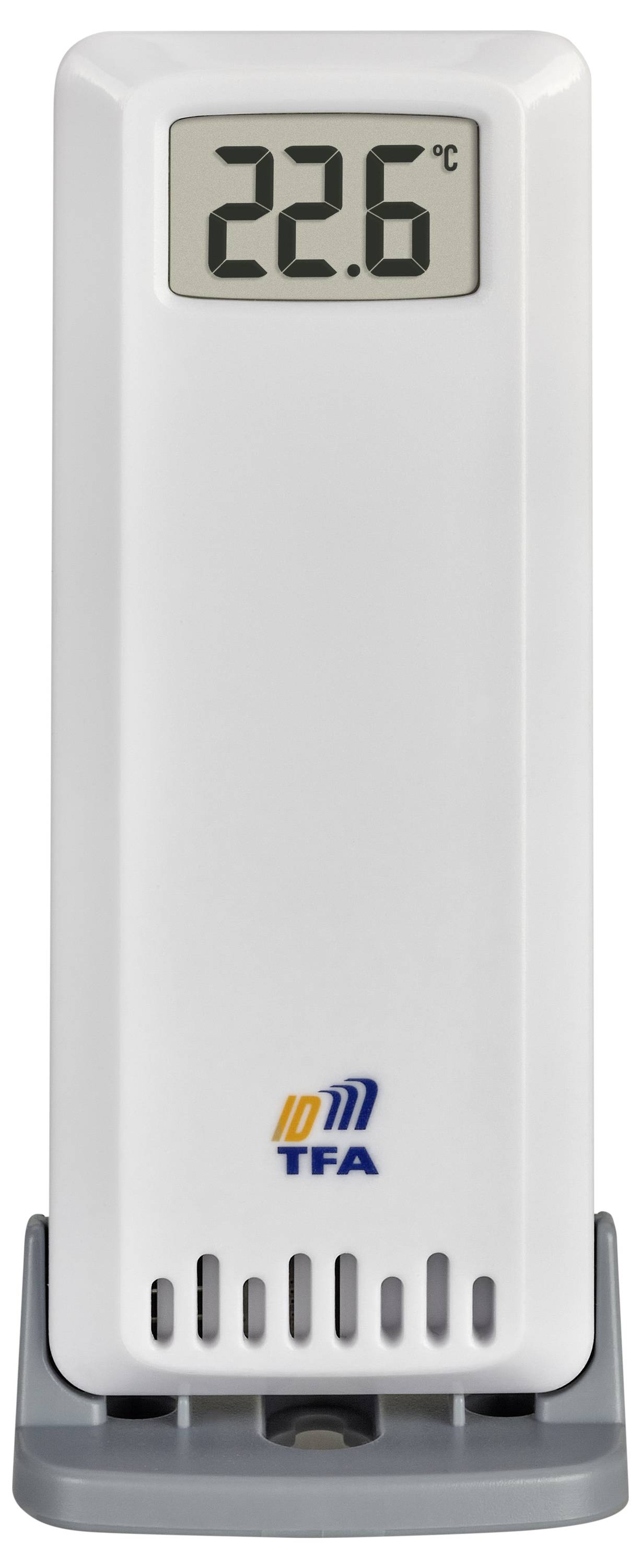 Digitales Thermometer zeigt '22,6°C'. Weiße Hülle mit kleinem Display oben.