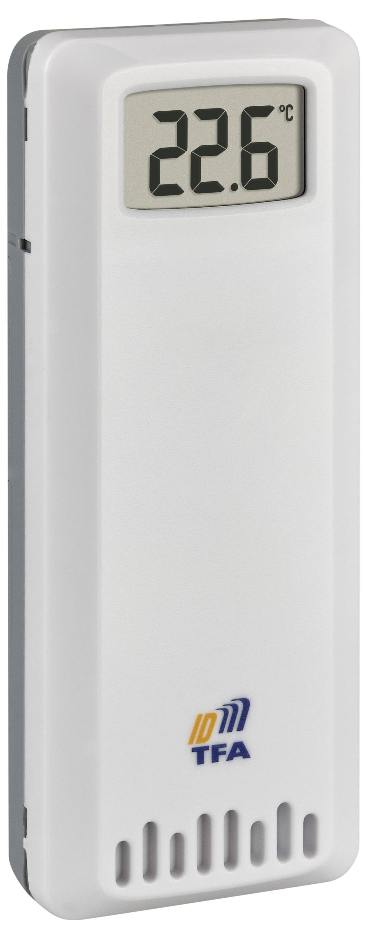 Ein digitales Thermometer zeigt die Temperatur von 22,6 °C an. Es ist weiß und trägt das Logo von TFA Dostmann auf der Vorderseite.
