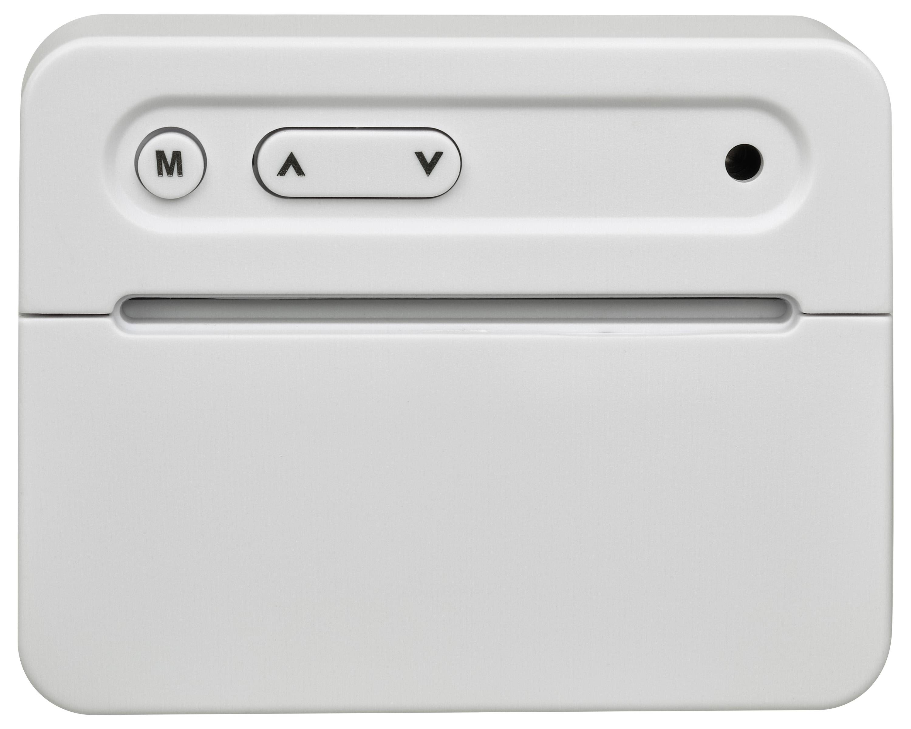 Ein weißes elektronisches Gerät mit zwei Tasten ('M', '^', 'v') und einem kleinen Loch rechts. Es könnte Teil eines größeren Systems sein.