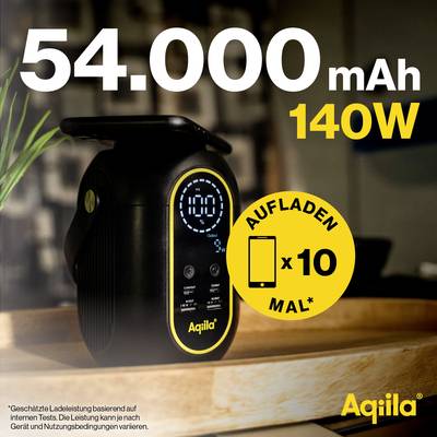 Powerbank mit 54.000 mAh Kapazität und 140 W Leistung, abgebildet mit Ladeanzeige und Hinweis 'Aufladen x10 mal'. Ideal zum Aufladen mehrerer Geräte.