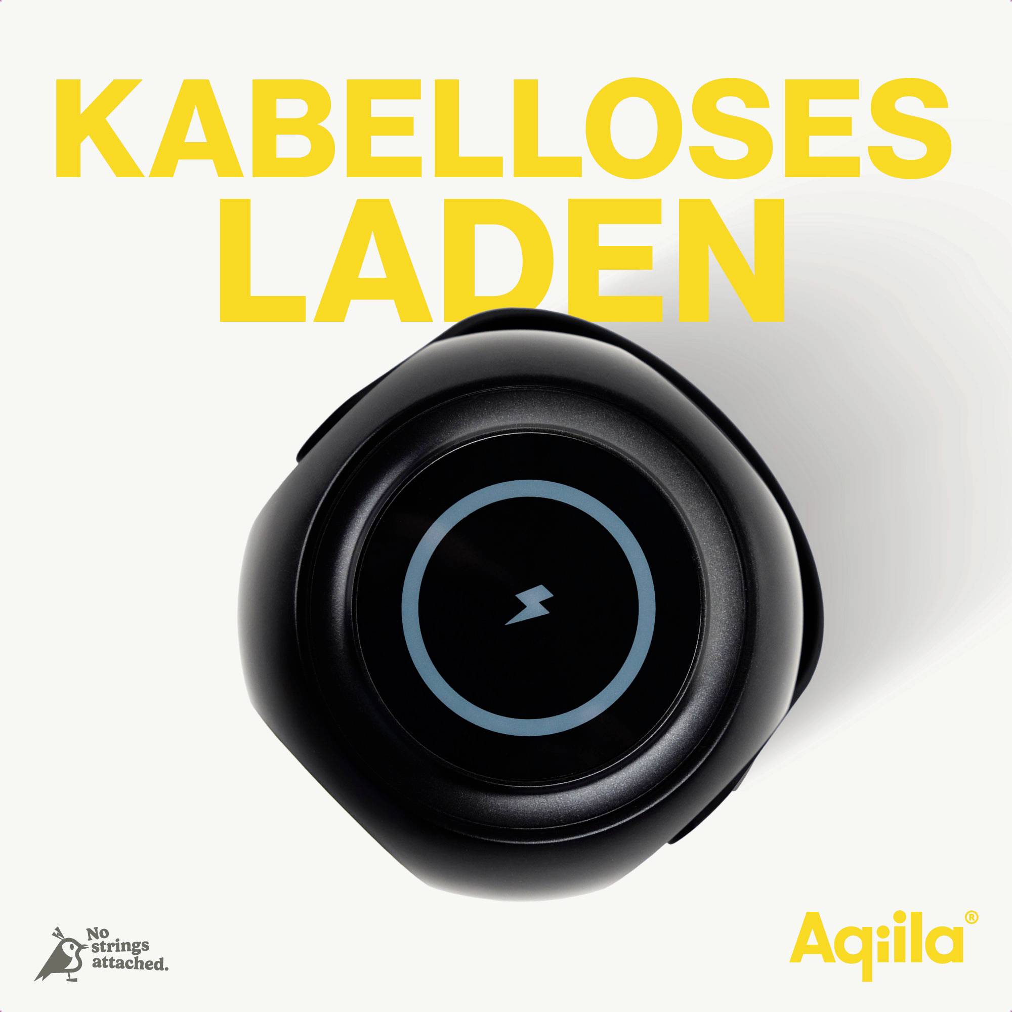 'Kabelloses Laden' in gelber Schrift; ein schwarzes Ladegerät mit blauem Blitzsymbol ist abgebildet. Markenname 'Aqila' unten rechts.