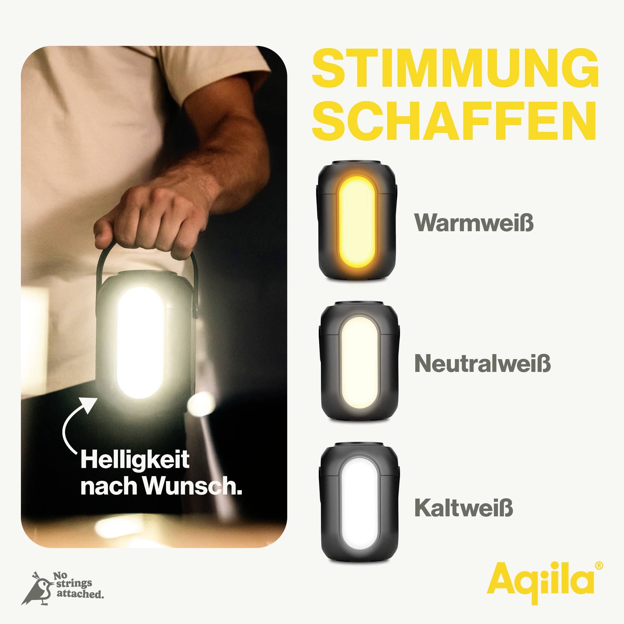 Person hält eine leuchtende Lampe. Rechts Leuchtfarben: 'Warmweiß', 'Neutralweiß', 'Kaltweiß'. Text: 'STIMMUNG SCHAFFEN', 'Helligkeit nach Wunsch'.