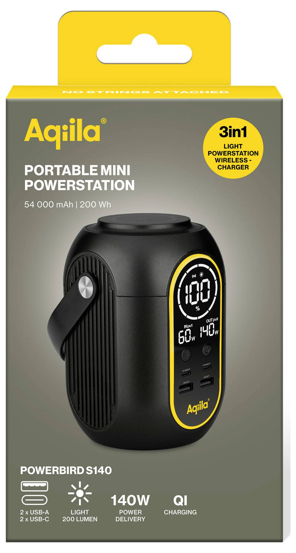 'Portable Mini Powerstation Aqila, 54.000 mAh, 200 Wh, Powerbank, LED-Leuchte, Power Delivery 140 W, Qi-Laden, USB-A, USB-C'