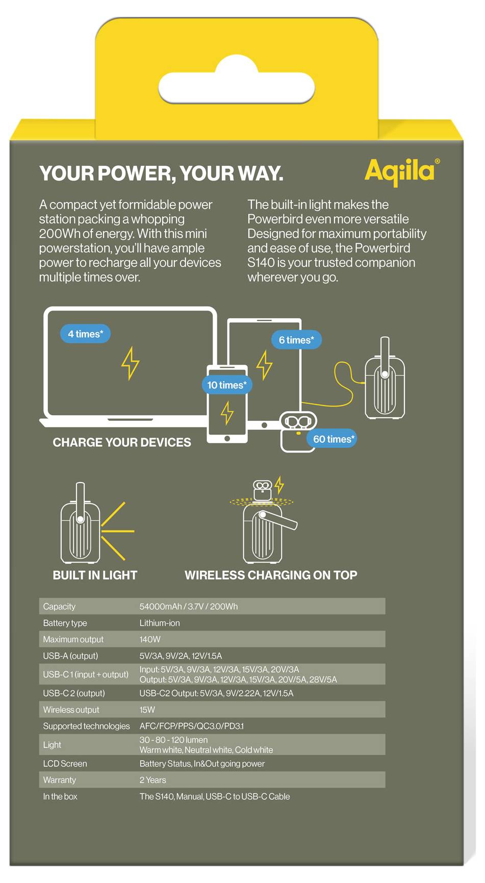 Kompakte Powerstation mit 200Wh Energie. Ladegeräte anschließen oder kabellos laden. Ideal für Reisen, bietet Licht und vielseitige Nutzung.