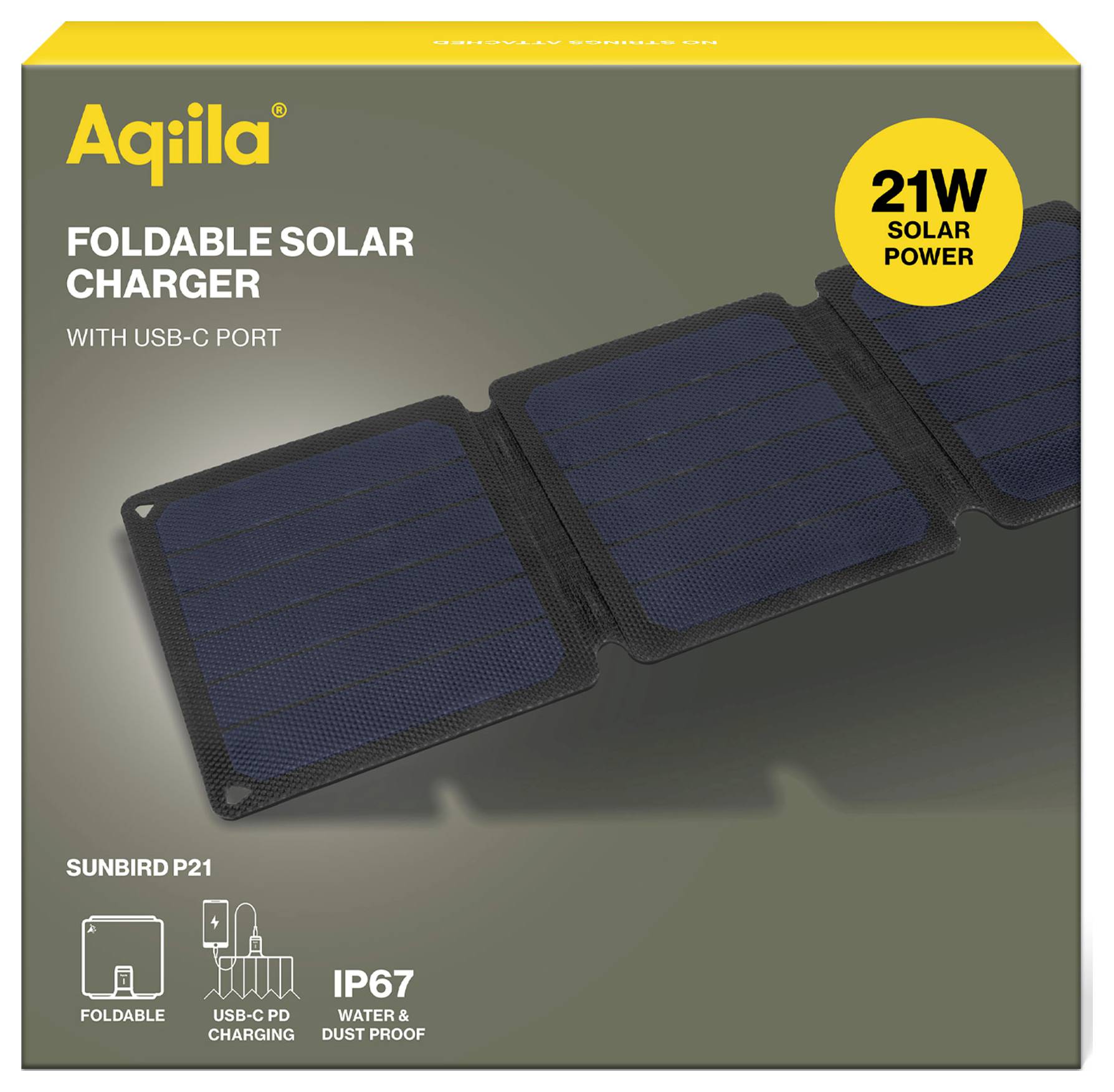 'Faltbares Solarladegerät mit USB-C-Anschluss, 21W Solarkraft, Sunbird P21, IP67 wasser- und staubdicht.'