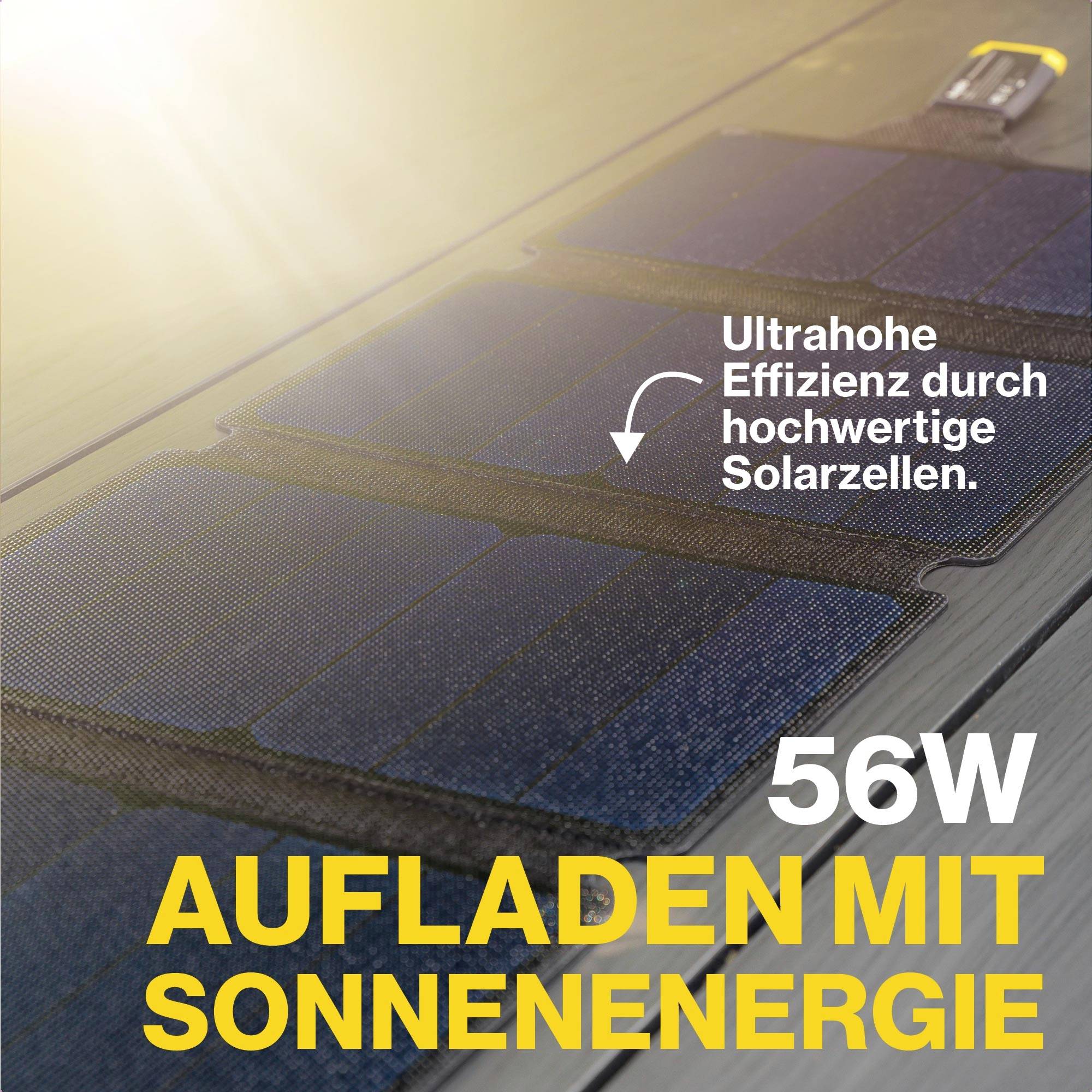 'Solarpanel lädt mit Sonnenenergie auf, 56W. Hinweis auf ultrahohe Effizienz durch hochwertige Solarzellen.'