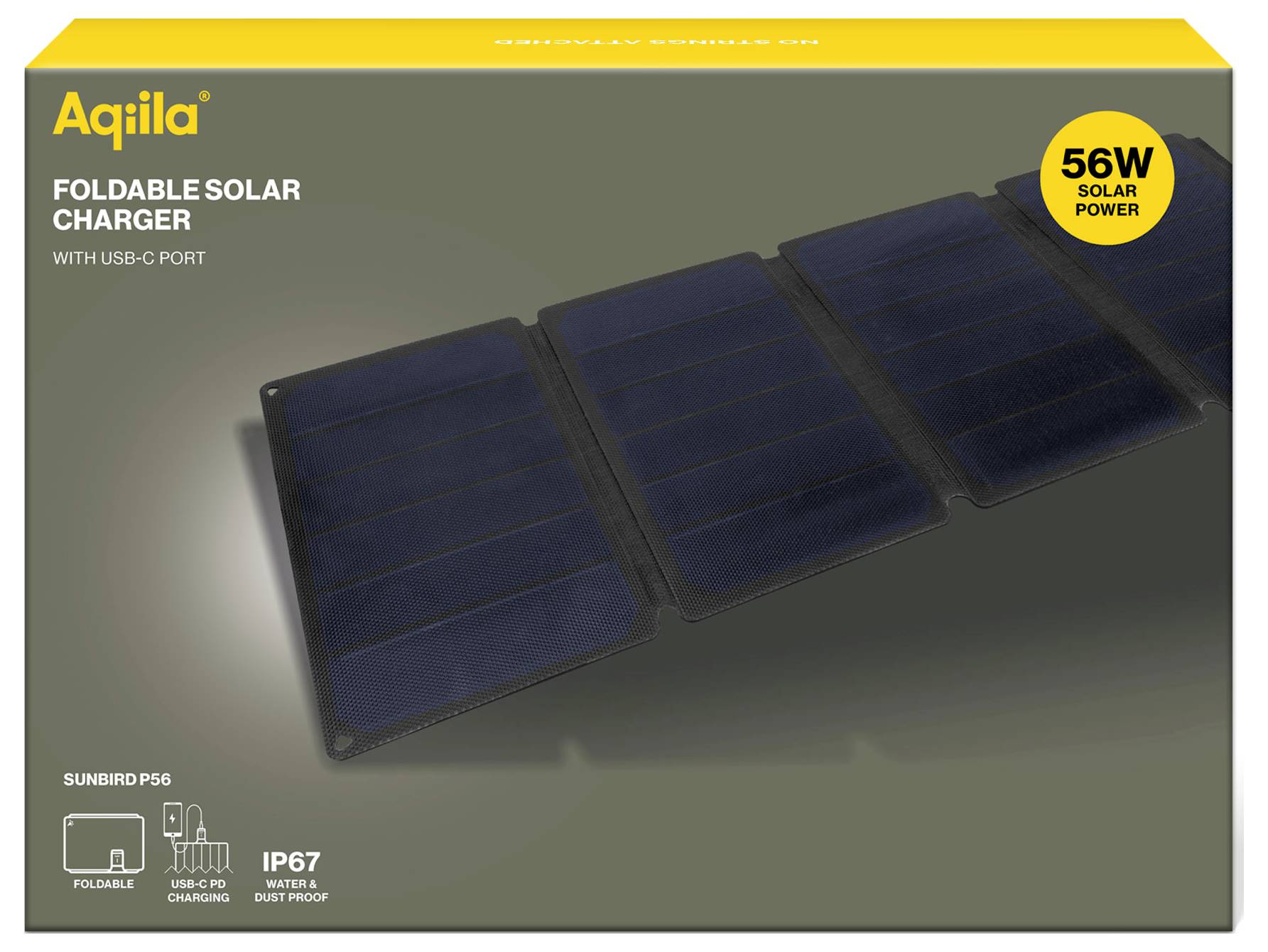 Tragbares Solarladegerät mit USB-C-Anschluss und 56W Leistung. Klappbar, wasser- und staubdicht nach IP67-Standard.