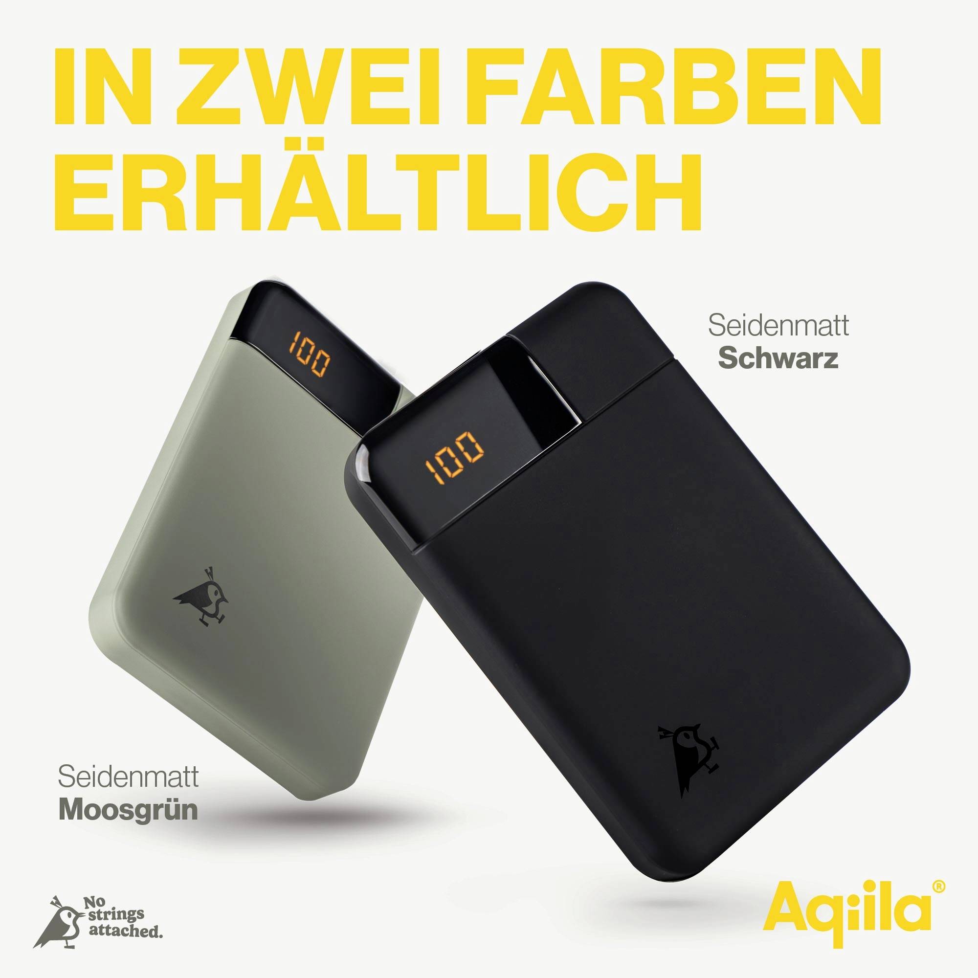 Zwei tragbare Ladegeräte, eins in Moosgrün, das andere in Schwarz, mit digitaler Anzeige. Text: 'In zwei Farben erhältlich'.