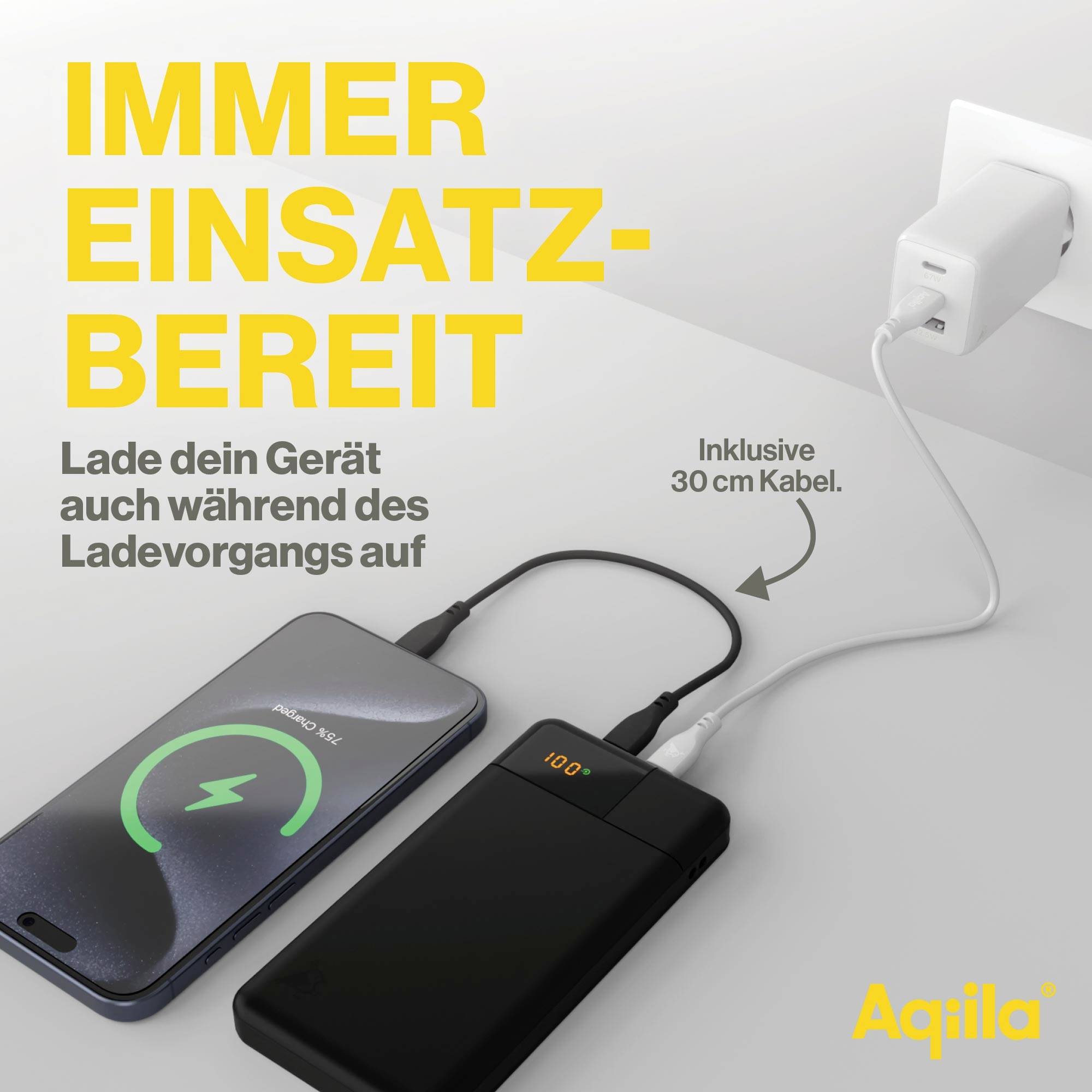 Smartphone und Powerbank laden gleichzeitig an Steckdose, Text: 'Immer einsatzbereit. Lade während des Ladevorgangs auf.'