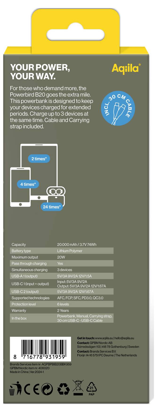 'Powerbank-Verpackung mit Informationen: Kapazität 20000 mAh, kann bis zu 3 Geräte gleichzeitig laden. Eignet sich für Smartphones, Tablets, Kopfhörer.'