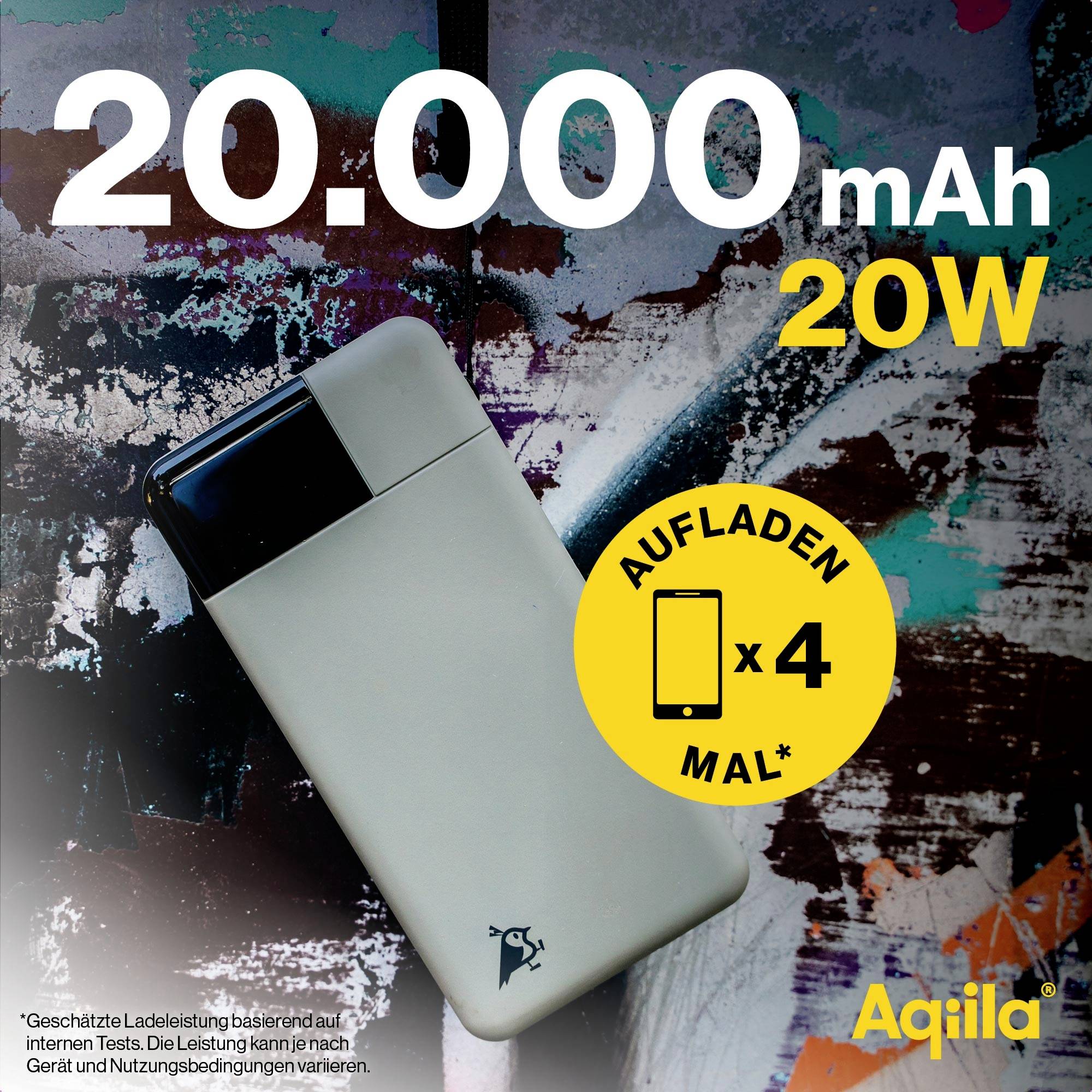 Powerbank mit 20.000 mAh Kapazität und 20W Ladeleistung. Kann ein Gerät bis zu 4 Mal aufladen. Marke 'Aqiila'. Grauer Hintergrund mit Farbklecksen.