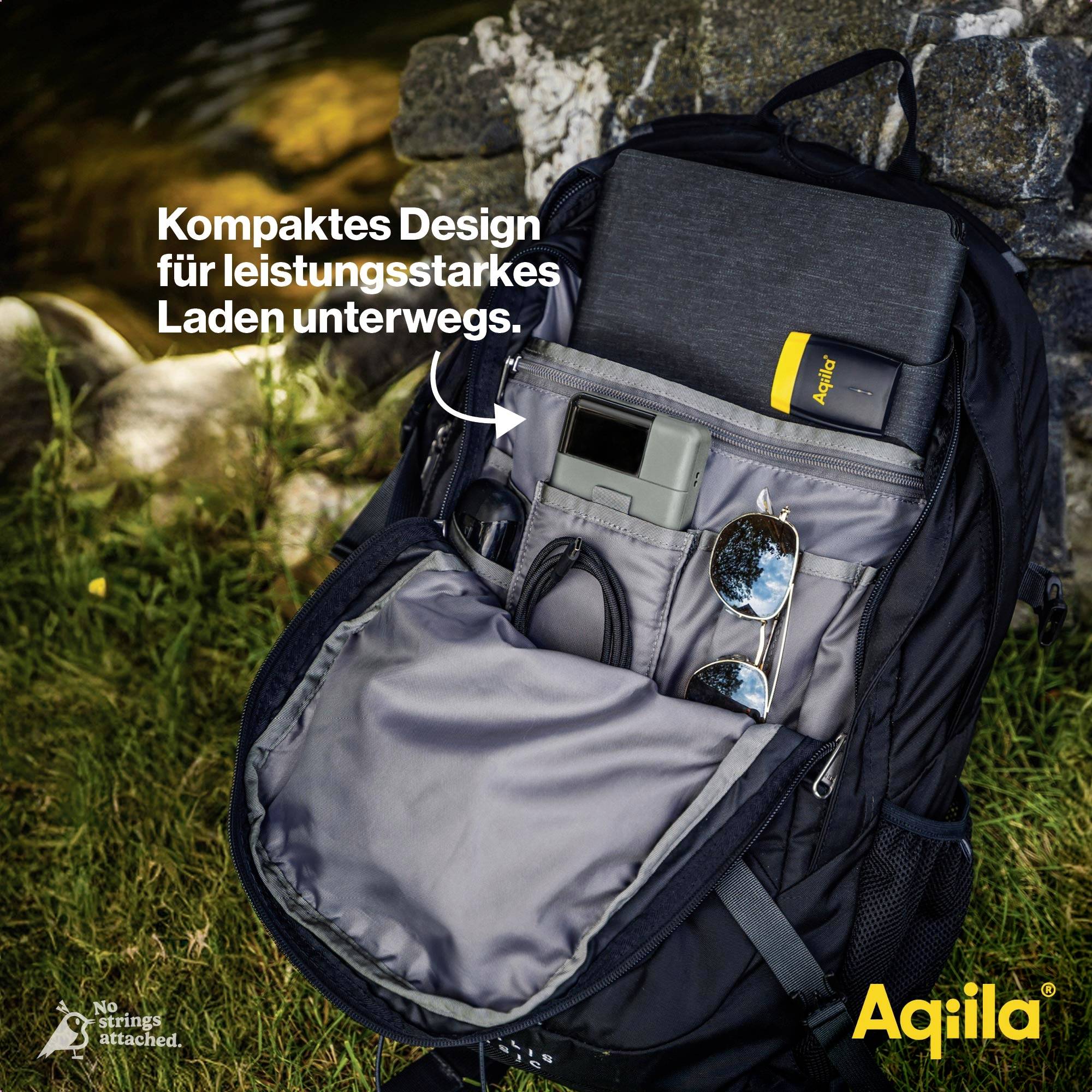 Ein geöffneter Rucksack mit verschiedenen Geräten: Laptop, Ladegerät, Sonnenbrille. Text 'Kompaktes Design für leistungsstarkes Laden unterwegs'.
