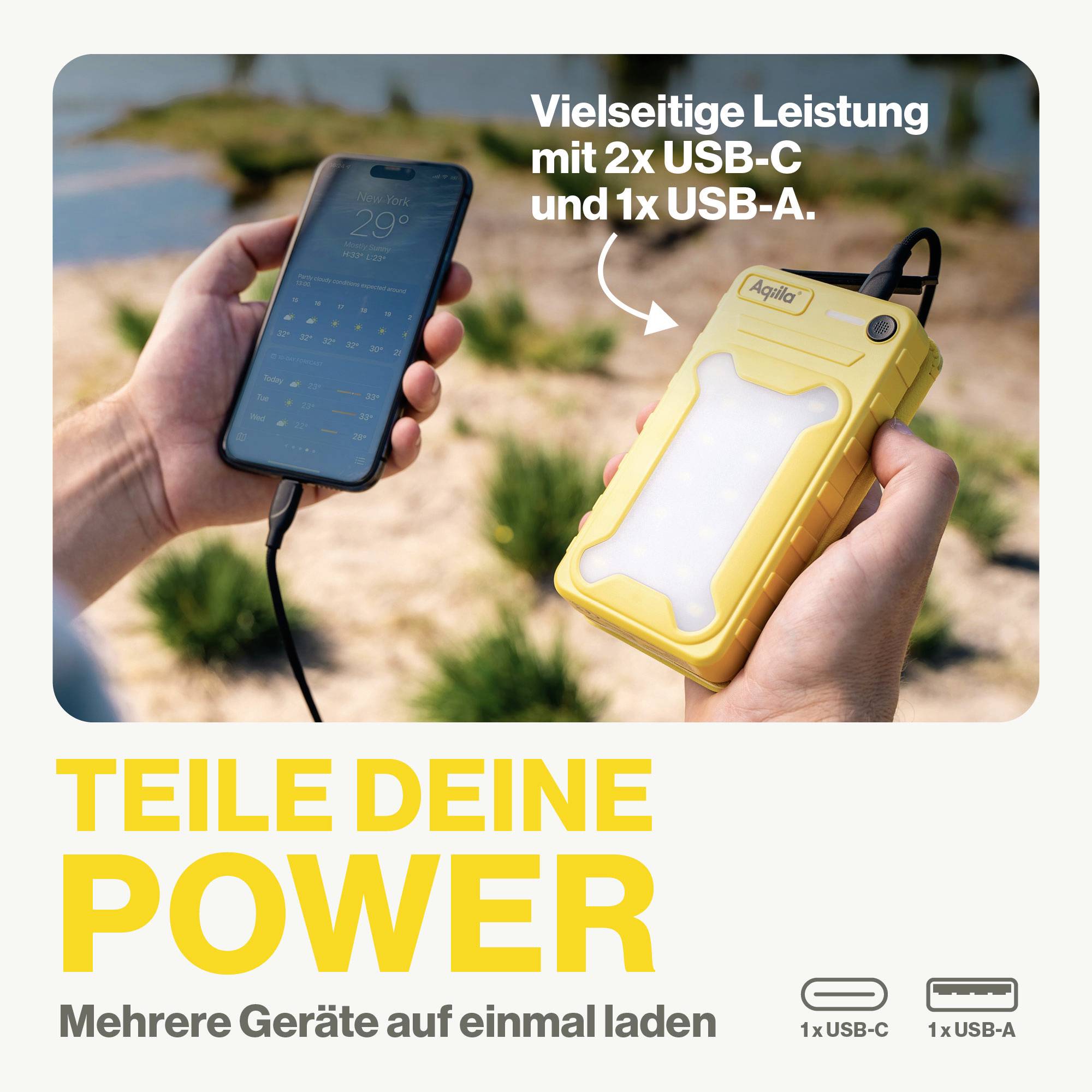 Vielseitiger Akku mit 2x USB-C und 1x USB-A Anschlüssen, lädt mehrere Geräte gleichzeitig. Text: 'TEILE DEINE POWER'.