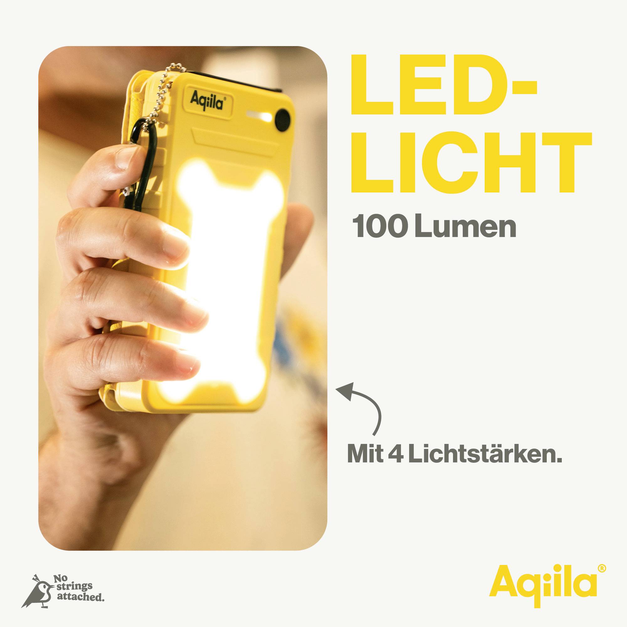 Eine Hand hält eine gelb leuchtende LED-Lampe. Text: 'LED-LICHT 100 Lumen', 'Mit 4 Lichtstärken'. Markenname 'Aqiila'.