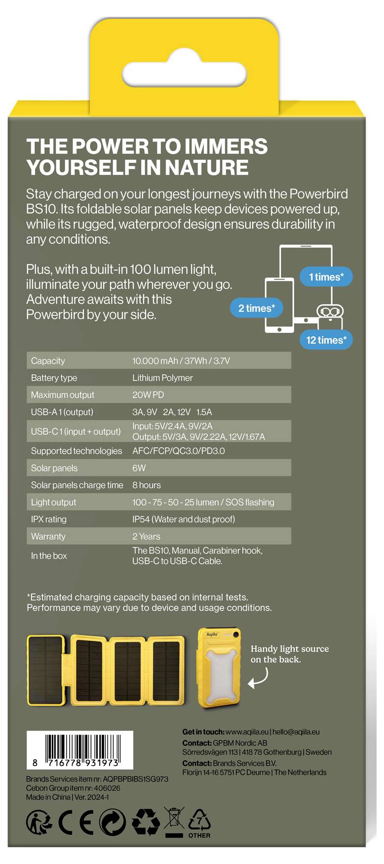 'The Power To Immerse Yourself In Nature' steht oben auf der Verpackung. Produktdetails zum Powerbird S100 Solarladegerät, einschließlich Kapazität, Eingang/Ausgangsoptionen, sowie Schutzmerkmale.