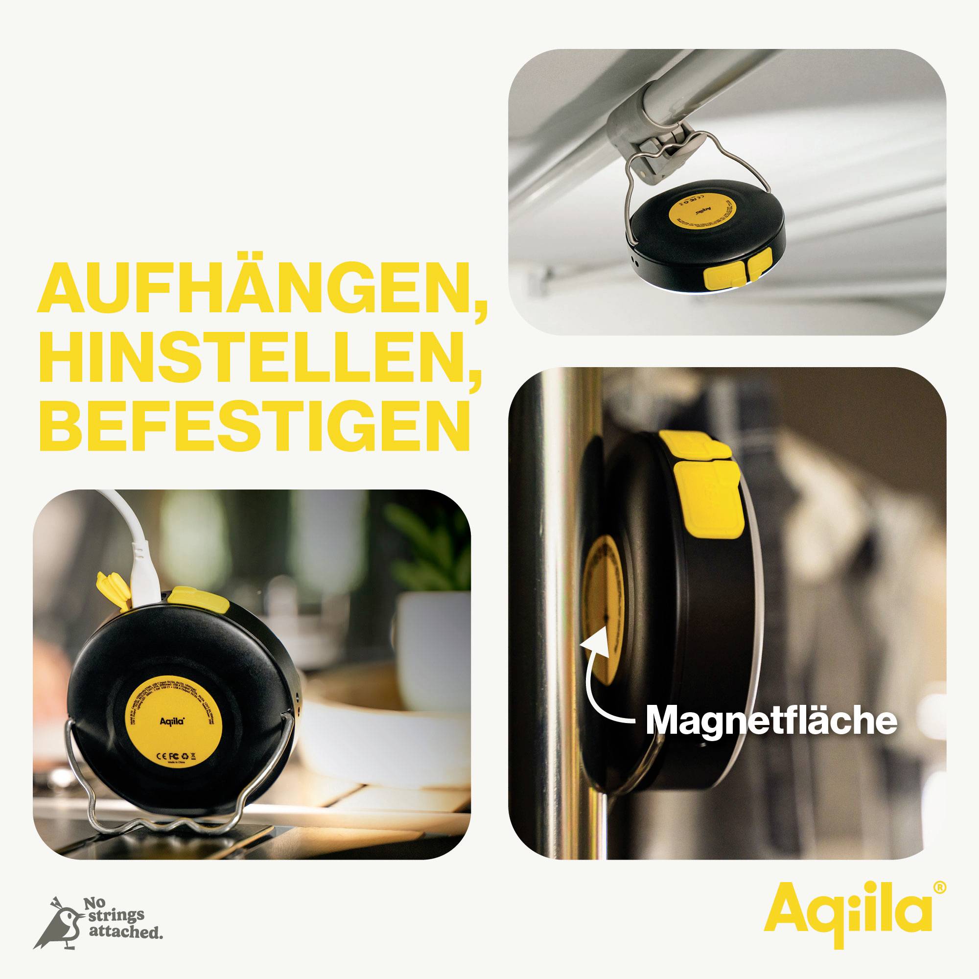 Multifunktionales Kabelaufbewahrungsgerät mit Magnetfläche in drei Situationen: aufgehängt, aufgestellt und befestigt. Text: 'AUFHÄNGEN, HINSTELLEN, BEFESTIGEN'.