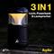 Schwarze 3-in-1 Campinglampe mit Licht, Powerbank und Lautsprecher auf einem Holzuntergrund. Text: '3 IN 1 Licht, Powerbank & Lautsprecher', 'Aqiila'.