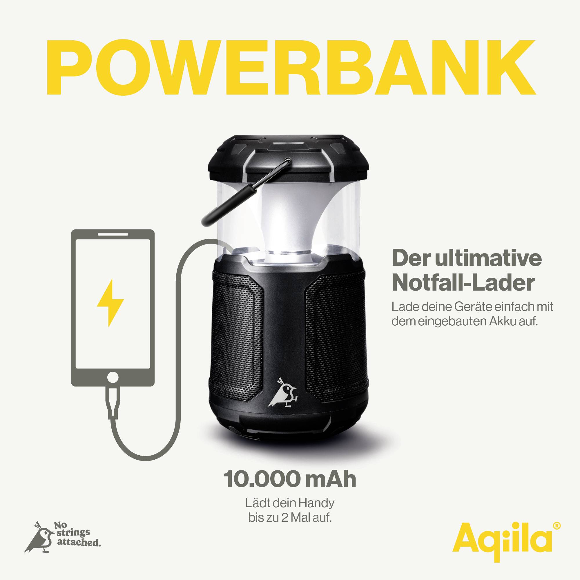 Powerbank und Laterne mit 10.000 mAh Kapazität, lädt Mobilgeräte und bietet Licht. Text: 'Der ultimative Notfall-Lader'.