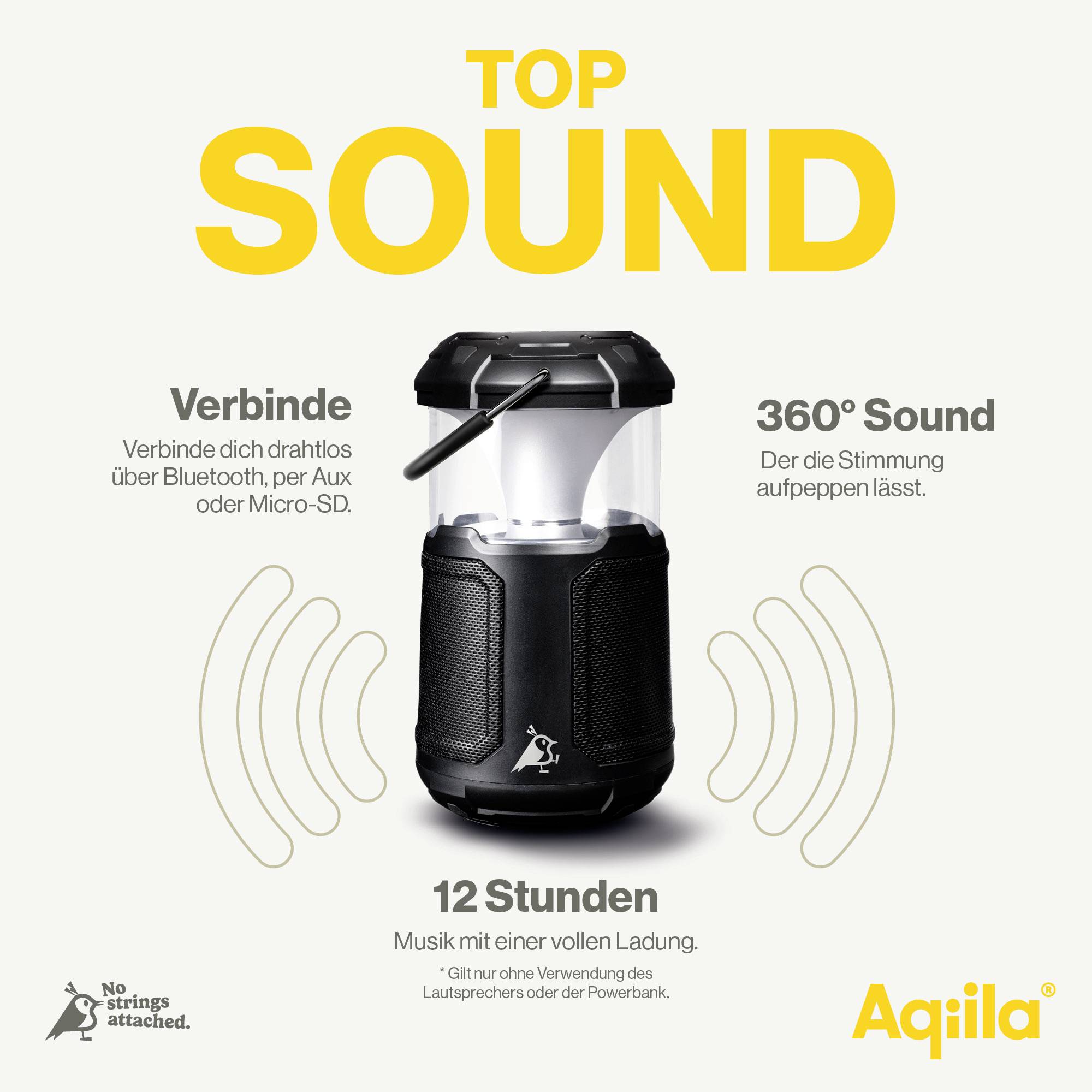 'Werbung für Aqila Lautsprecher mit Bluetooth, AUX und Micro-SD. Bietet 360° Sound und 12 Stunden Musikwiedergabe pro Ladung.'