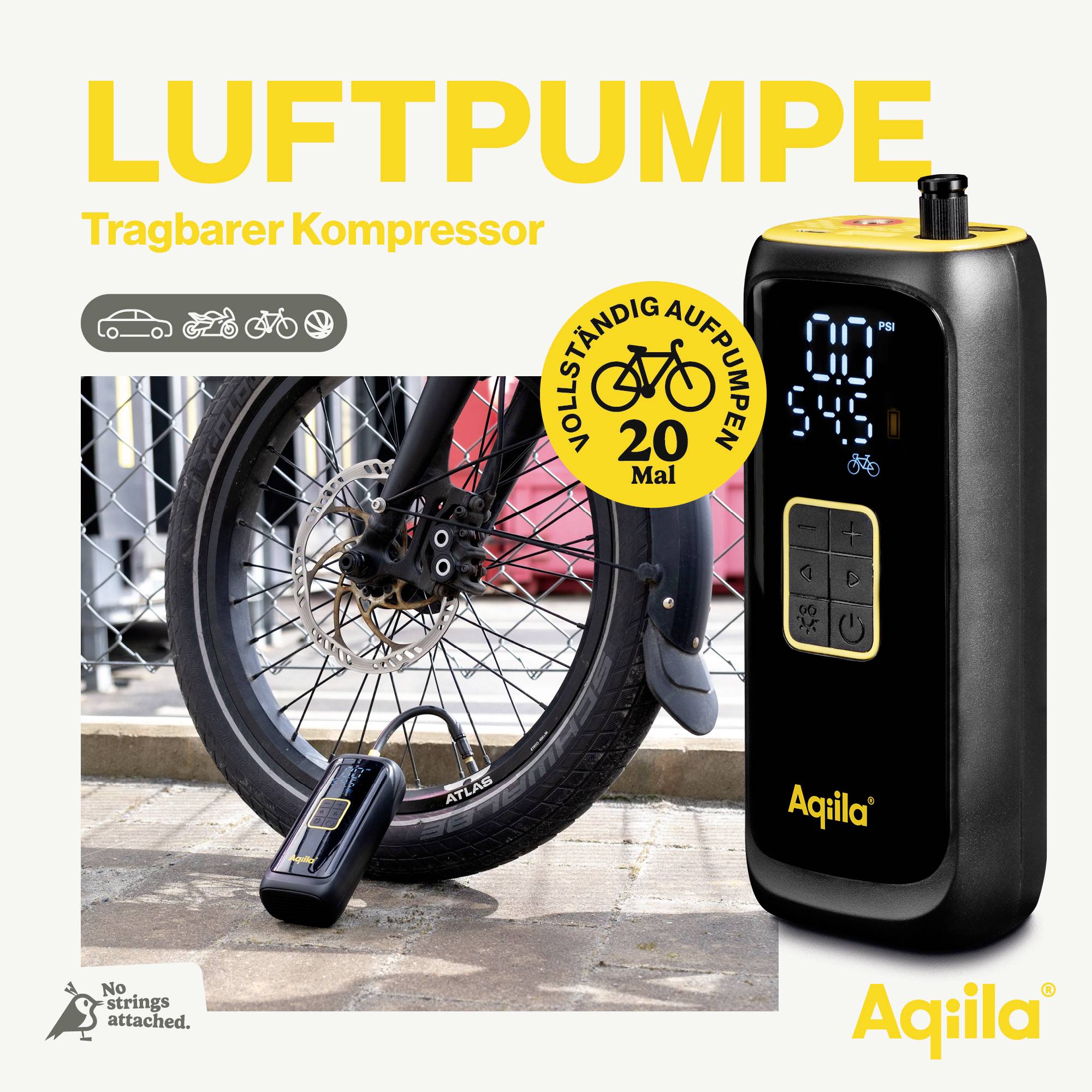 'Luftpumpe: Tragbarer Kompressor, voll aufpumpen in 20 Mal.' Zeigt ein Gerät, das ein Fahrradreifen aufpumpt. Marke: Aqiila.