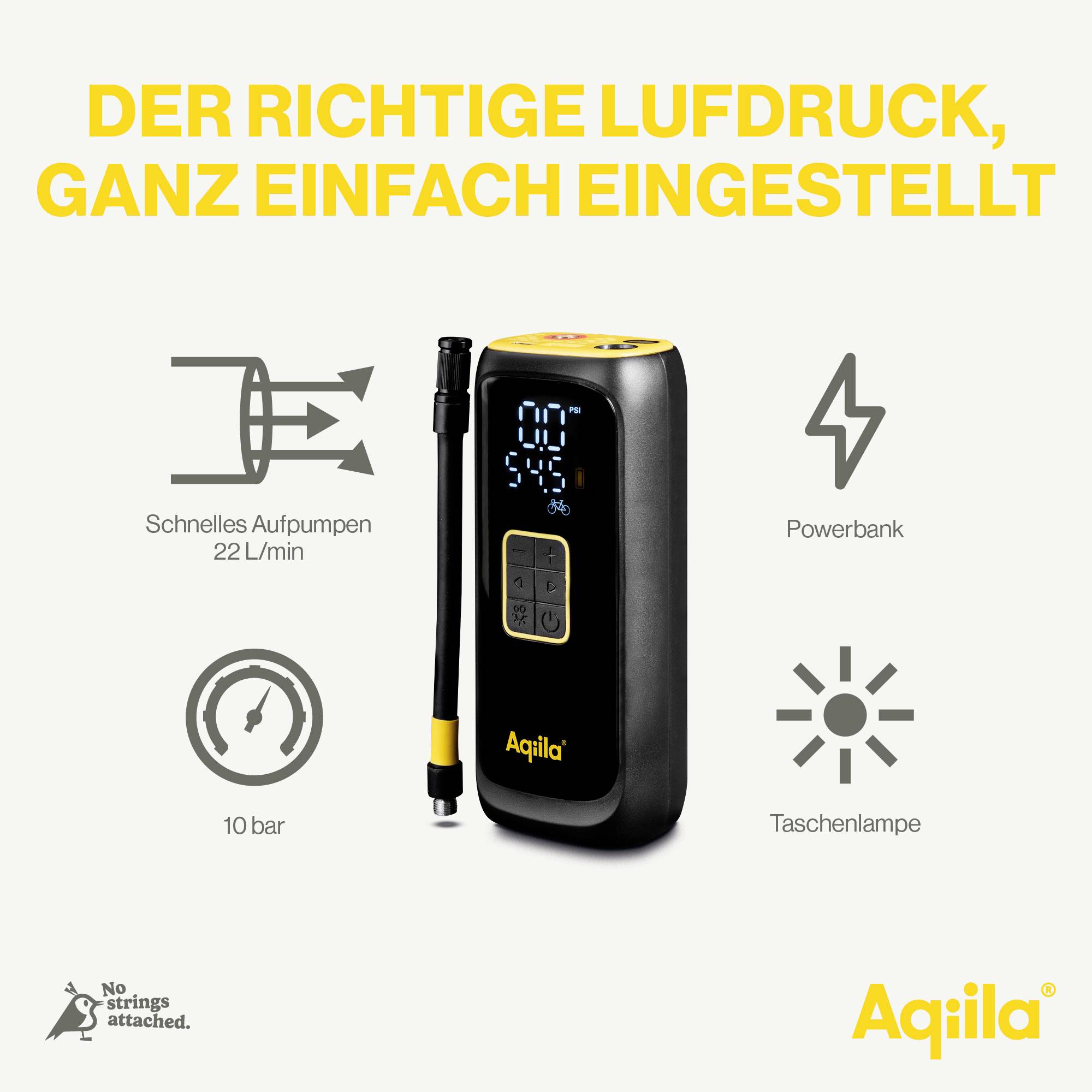 Tragbare Luftpumpe mit digitalem Display. Texte: 'Der richtige Luftdruck, ganz einfach eingestellt', Aufpumpen 22 L/min, 10 bar, Powerbank, Taschenlampe. 