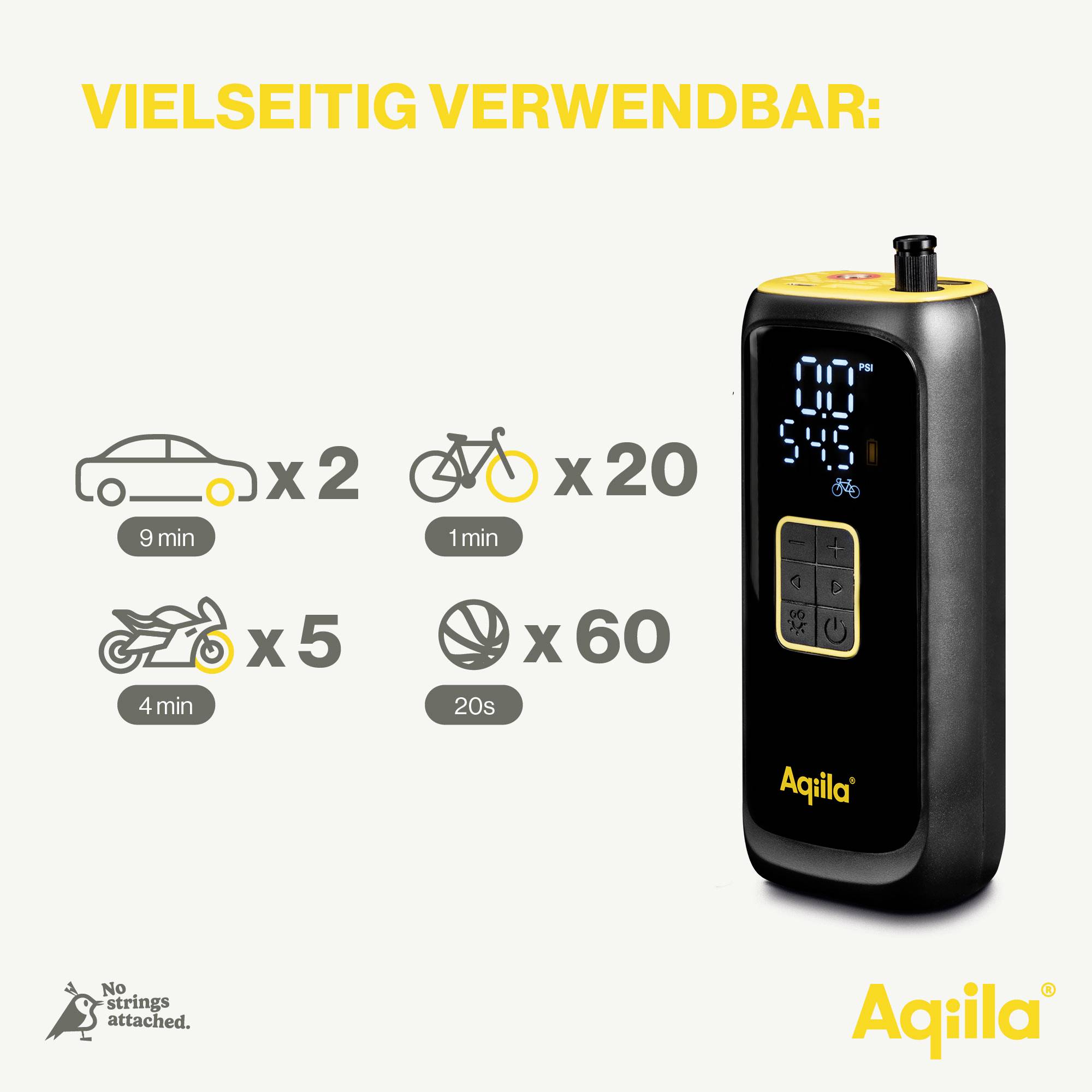 'Vielseitig verwendbar: Auto x 2 (9 min), Motorrad x 5 (4 min), Fahrrad x 20 (1 min), Ball x 60 (20 s).' Bild zeigt eine elektrische Pumpe.