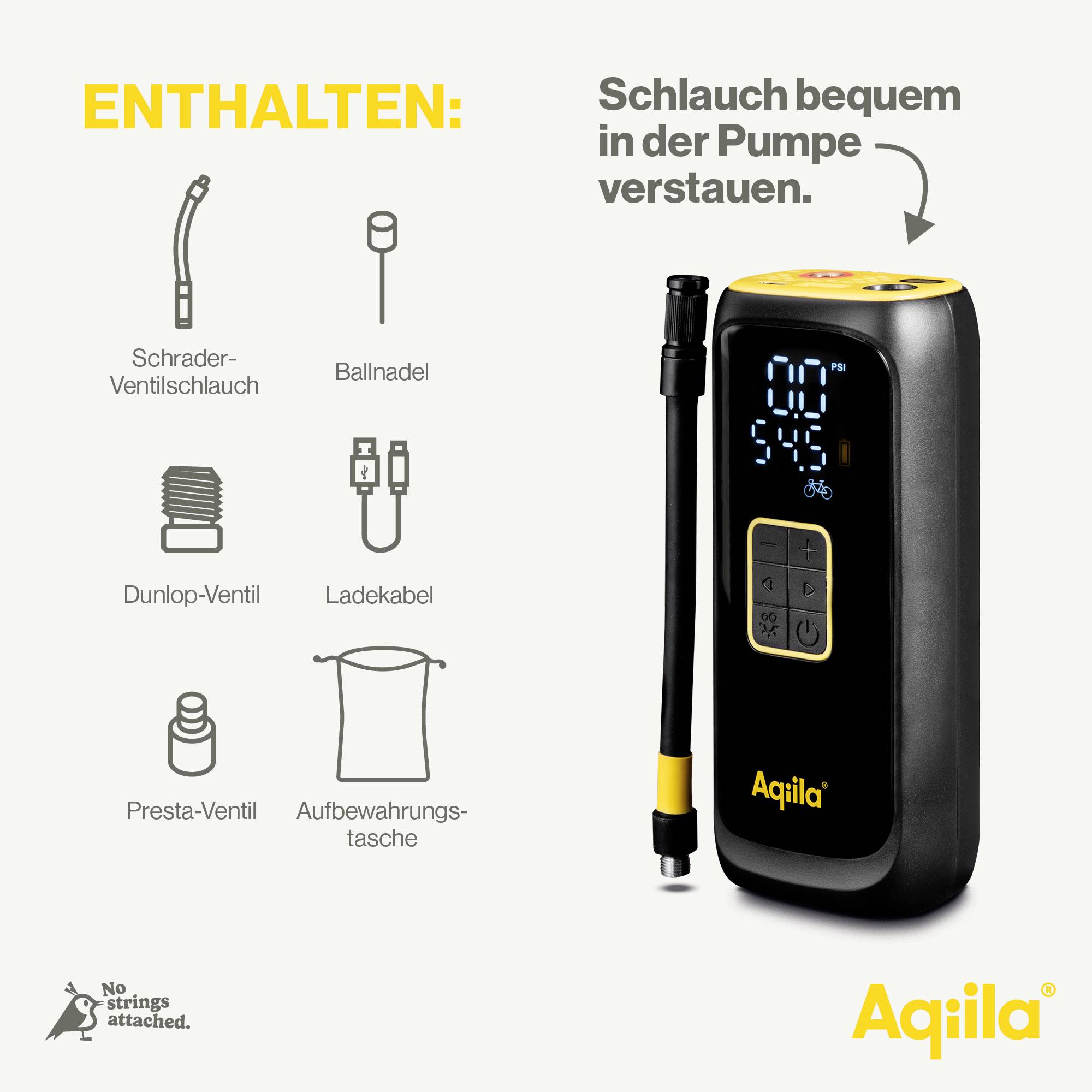 Das Bild zeigt eine tragbare Luftpumpe von Aqila mit einem eingebauten Display. Symbole zeigen enthaltenes Zubehör: Ventilschläuche, Ballnadel, Ladekabel, Aufbewahrungstasche.