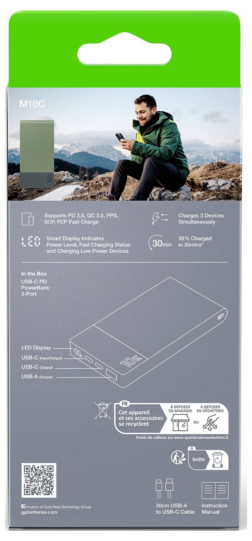 'Rückseite einer Verpackung für eine Powerbank. Enthält Details über die Ladeleistung und -technologie. Illustration der Powerbank und USB-Anschlüsse sind zu sehen.'