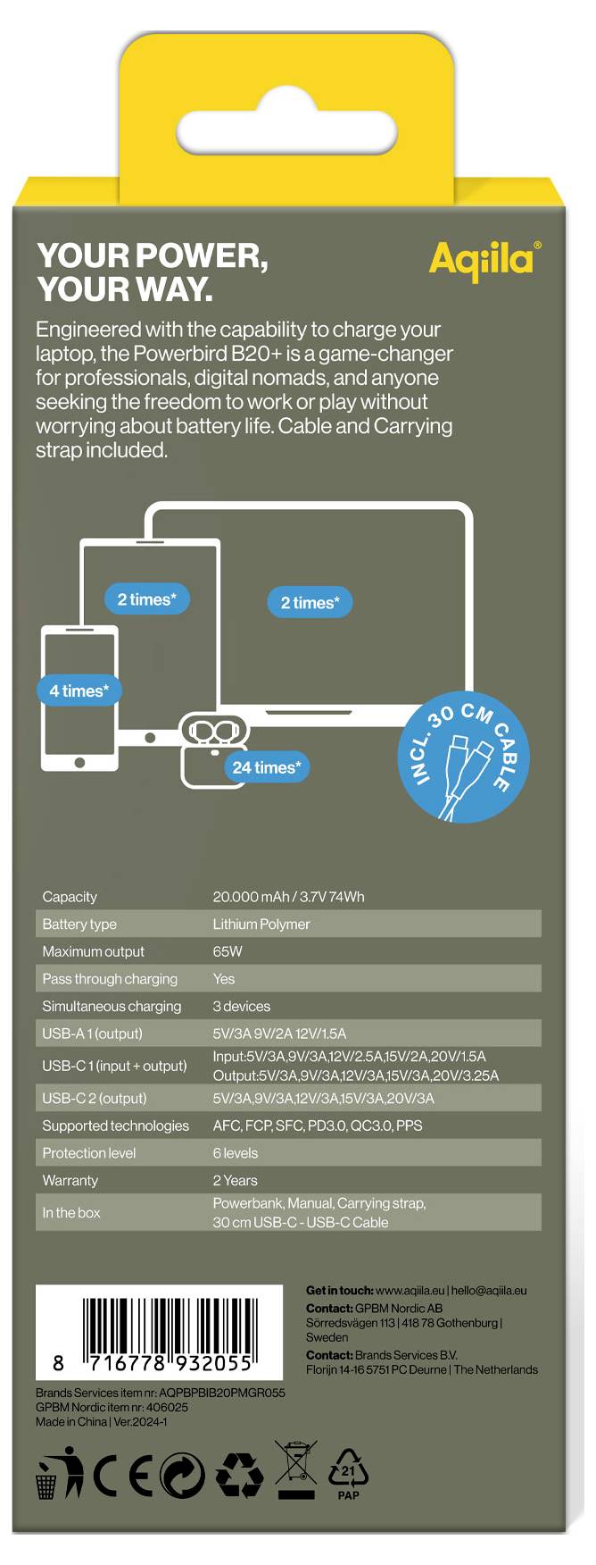 Eine Verpackungsrückseite zeigt ein tragbares Ladegerät von "Aqiila". Illustration von Geräten, die über verschiedene USB-Anschlüsse aufgeladen werden können. Liste der technischen Spezifikationen und Produktmerkmale auf der Unterseite.