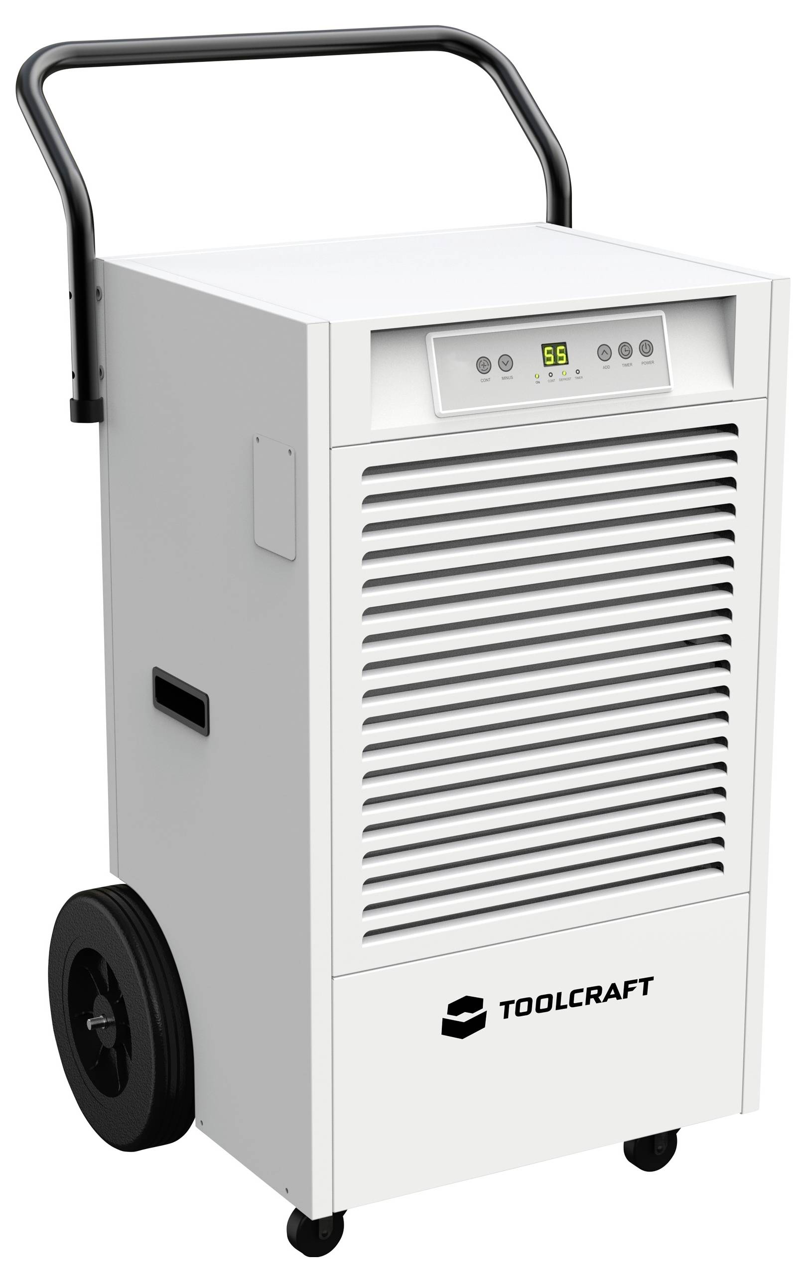 Entfeuchtungsgerät von Toolcraft mit Rädern und Griff, zeigt eine Anzeigeleiste und Bedientasten an der Vorderseite.