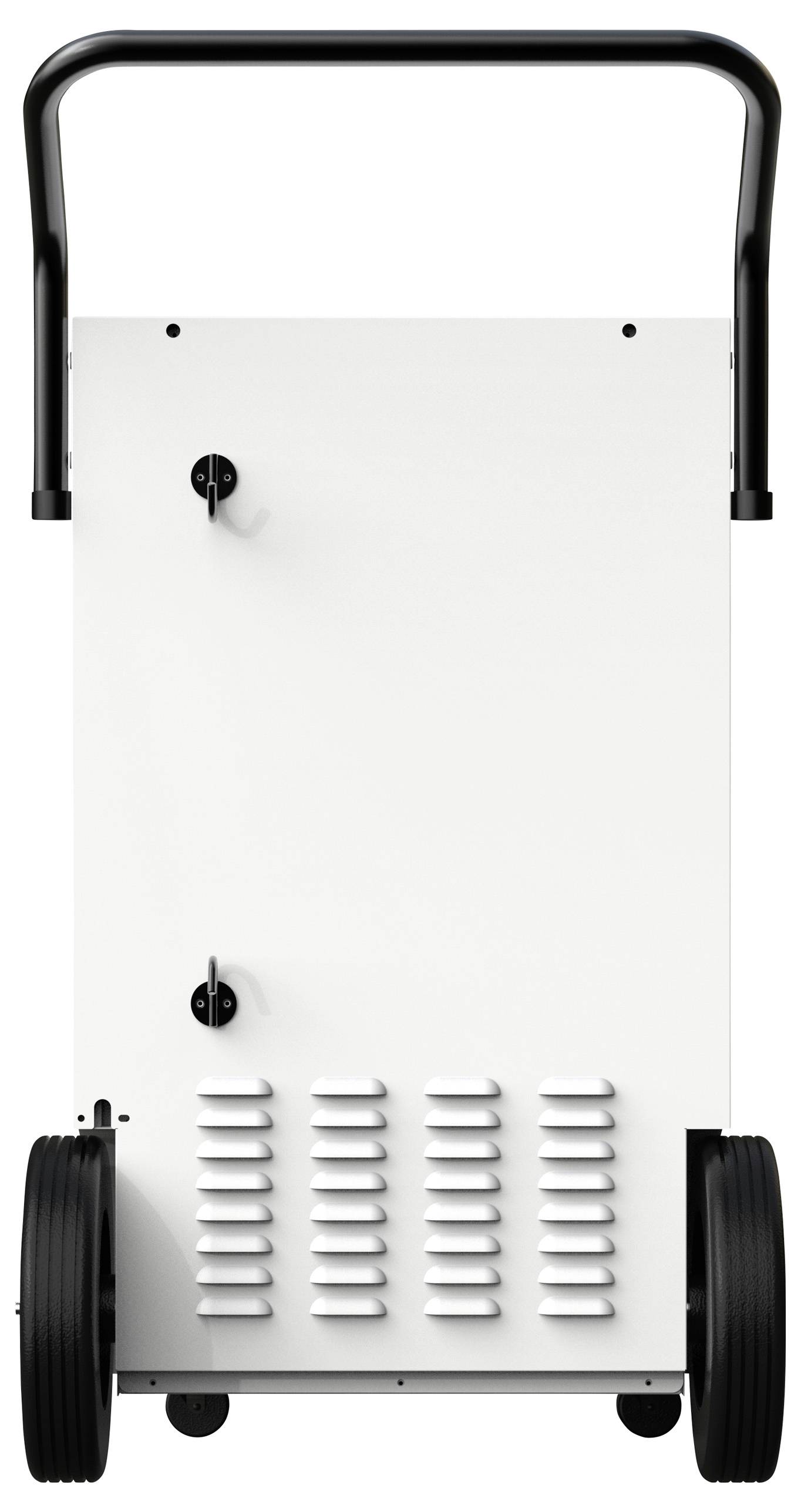 Ein weißer, vertikaler Industrietrockner mit schwarzen Griffen und Rädern, Vorderansicht.