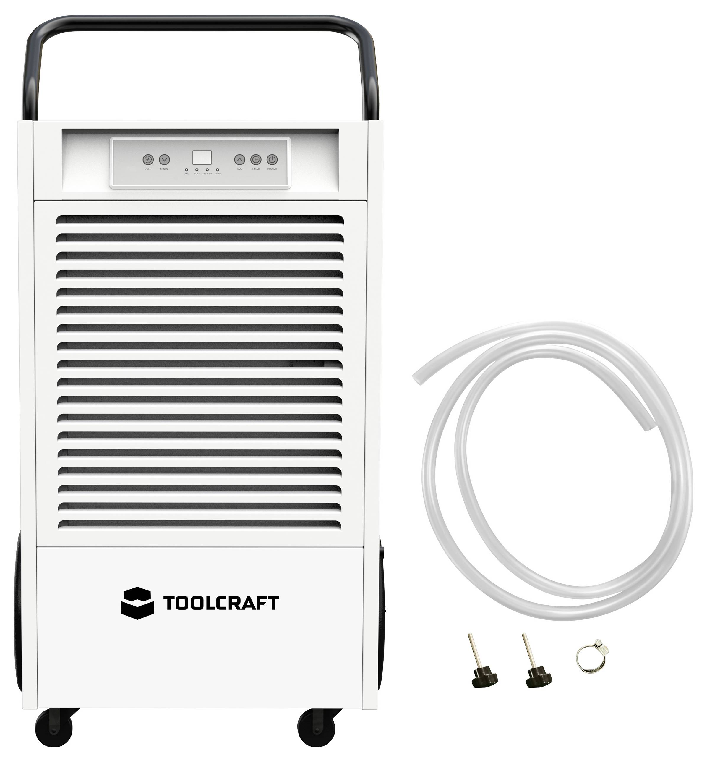 Luftentfeuchter mit digitaler Anzeige, weißen Lüftungsschlitzen und schwarzem Griff. Inklusive Ablaufschlauch und Befestigungszubehör.