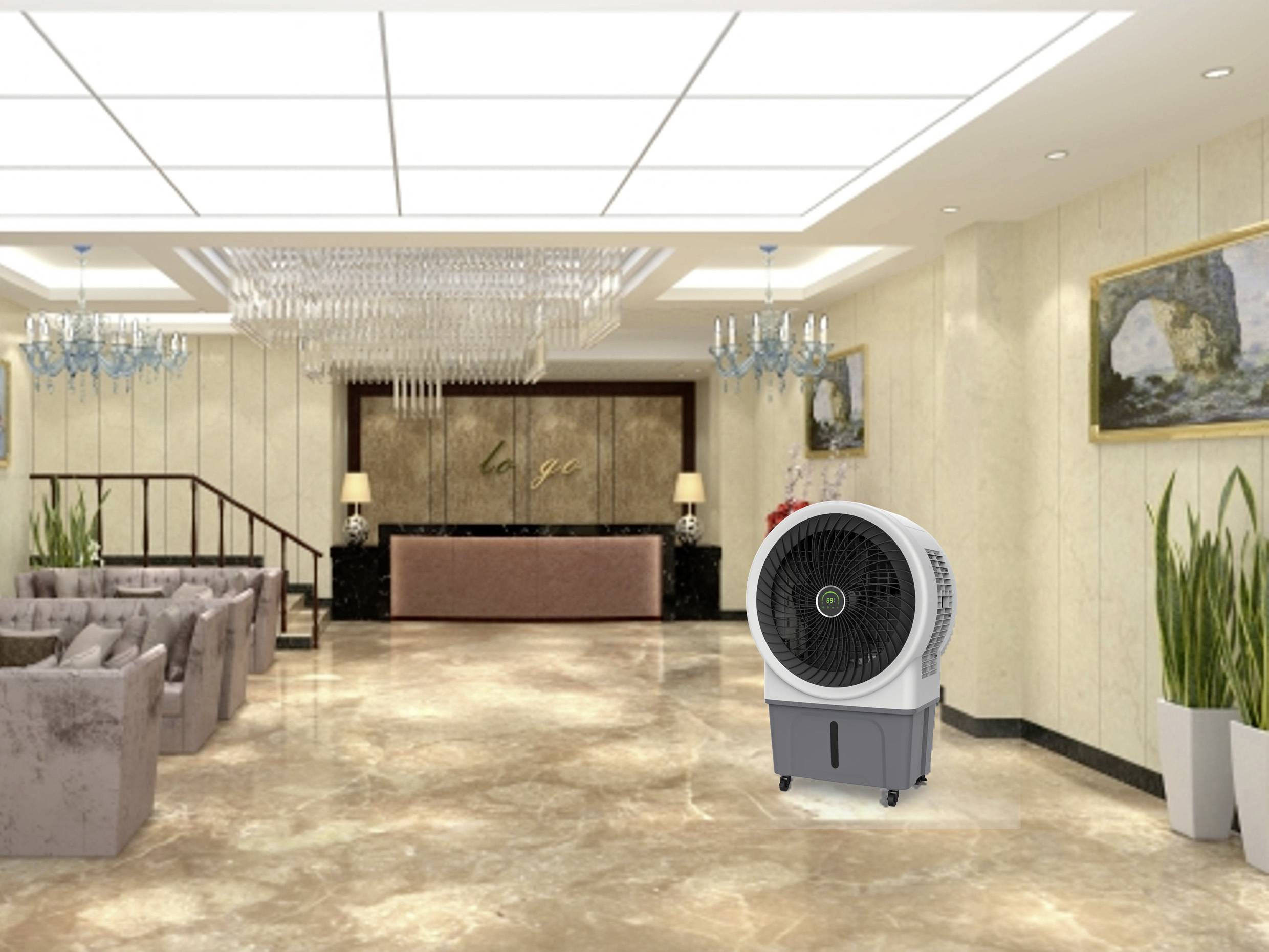 Ein mobiler Luftkühler steht in einer eleganten Hotellobby mit Marmorboden, Kronleuchtern und Gemälden an den Wänden.