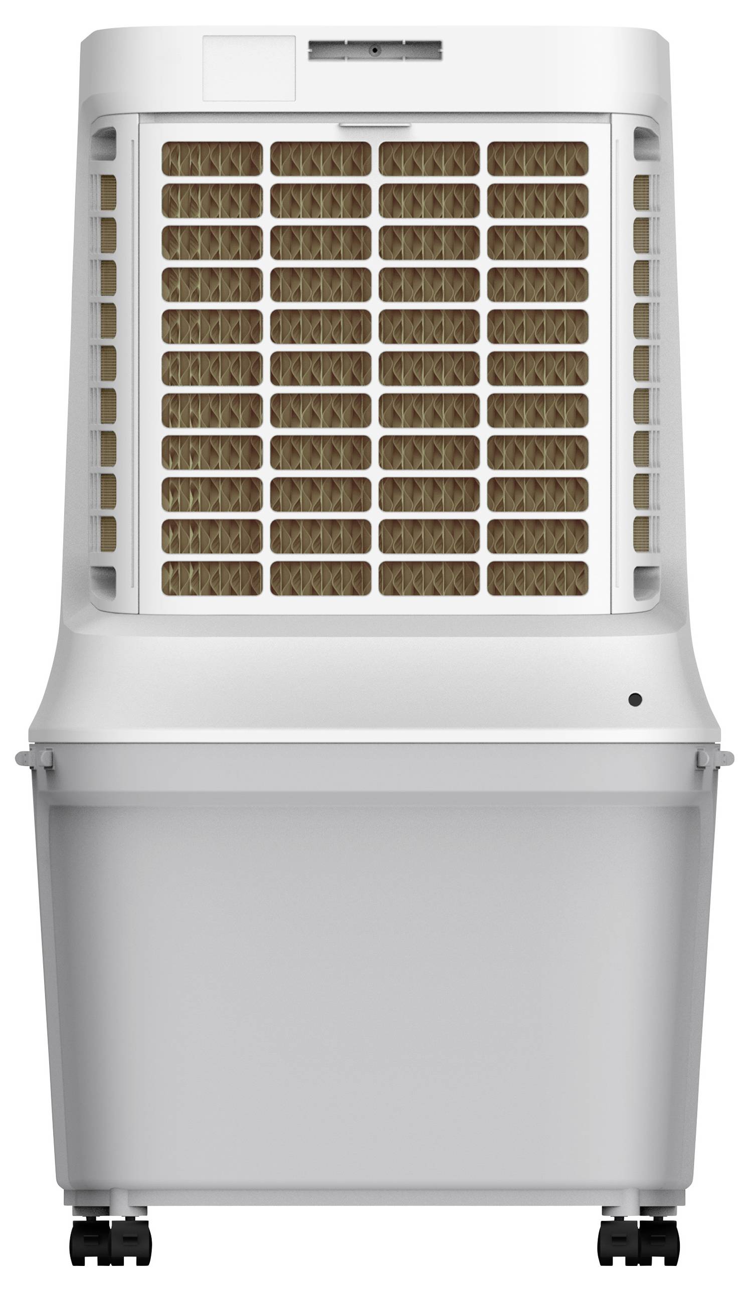 Ein tragbarer Luftkühler in Weiß mit Wabenfilter und Rollen, geeignet für den Hausgebrauch.