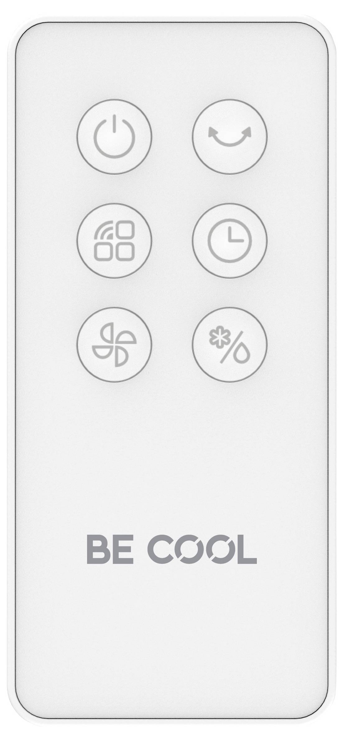Weiße Fernbedienung mit sechs Tasten für Power, Oszillation, Timer, Ventilatorgeschwindigkeit, Kühlmodus und "BE COOL"-Aufdruck.