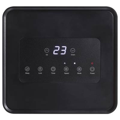 Schwarzes Bedienfeld eines Geräts mit LED-Anzeige '23'. Knöpfe für Sleep, Lock, Timer, Speed, Mode und Power sichtbar.