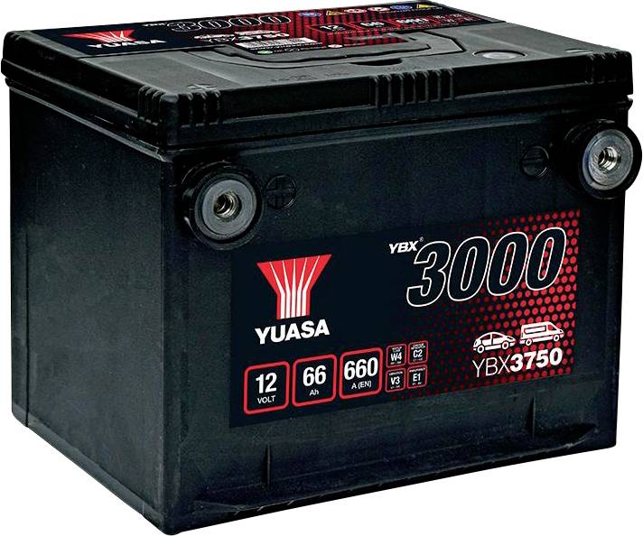 Schwarze Autobatterie mit rotem 'Yuasa 3000' Logo. Angaben: 12 Volt, 66 Ah, 660 A. Modell YBX3750. Hauptanwendung: Fahrzeuge.