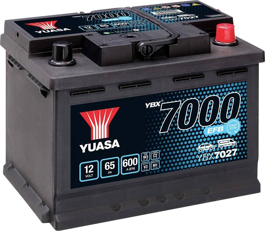 Autobatterie mit Yuasa-Logo, Modell YBX7000. Spezifikationen: 12 Volt, 65 Ah, 600 A (EN).