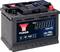 Autobatterie 'Yuasa YBX9027' mit 12 Volt, 60 Ah und 640 A. Geeignet für Start-Stopp-Fahrzeuge. Schwarzes Gehäuse mit rotem und schwarzem Anschluss.