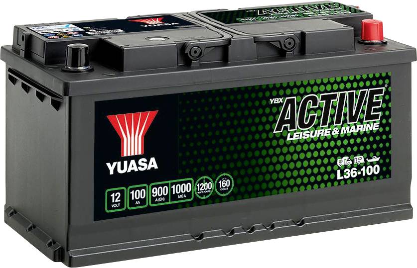Batterie mit der Aufschrift 'YUASA Active Leisure & Marine'. Kapazität: 100Ah, 12 Volt. Geeignet für Freizeitanwendungen.