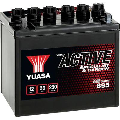 Eine schwarze Autobatterie der Marke Yuasa, Modell 'Active Specialist & Garden', mit Spezifikationen: 12 Volt, 26 Ah, 250 A (EN).