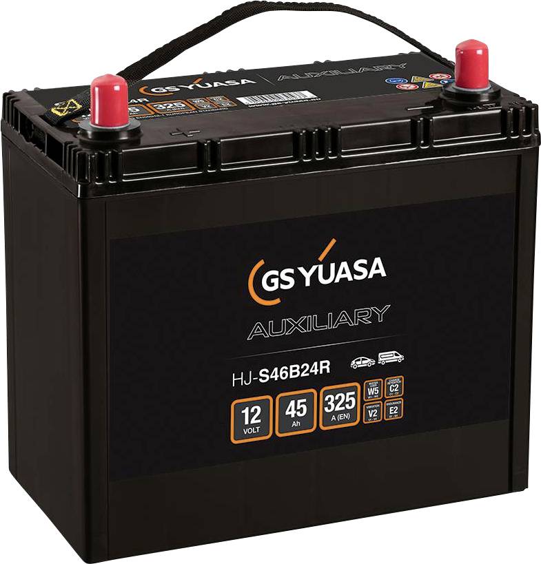 Eine schwarze Autobatterie der Marke GS Yuasa mit der Aufschrift 'AUXILIARY HJ-S46B24R', 12 Volt, 45 Ah, 325 A.